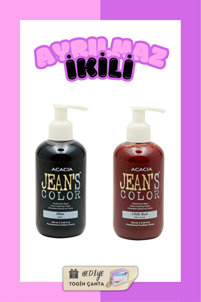 Acacia Jeans Color Ayrılmaz Ikili Boya Seti - Mavi + Biber Kızılı + Hediye To...