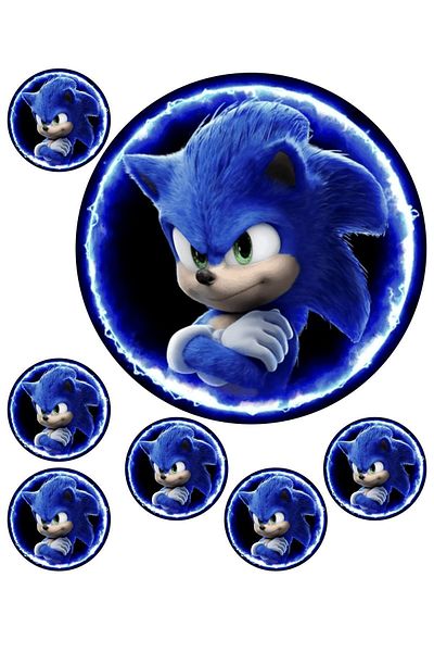 Atölye7Tasarım Sonic 7 bucăți de prăjituri ornamentale comestibile Cupcake - Imprimare hârtie din pastă de zahăr