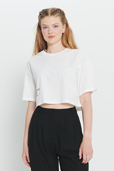 AC&Co / Altınyıldız Classics Μπλουζάκι Ecru Oversize Crop - 100% βαμβάκι, λαιμόκοψη, στάμπα