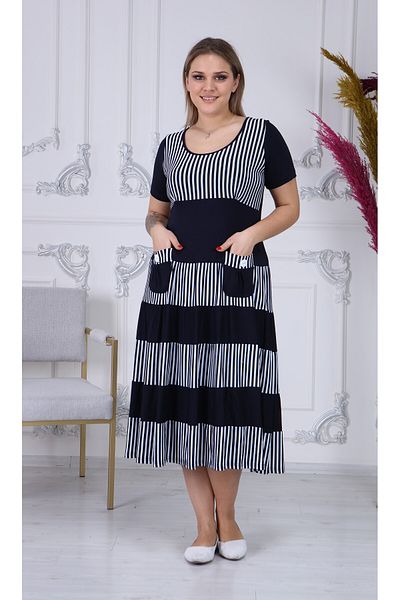 KARAMEŞE 098 Model Rochie din bumbac pieptănat cu dungi bleumarin