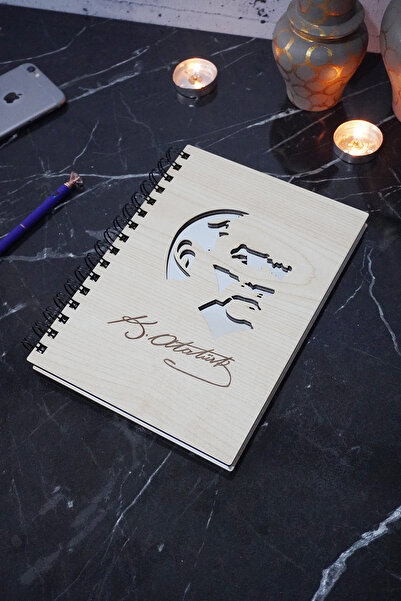 markcat Mustafa Kemal Atatürk Wooden Notebook - A5 Spiral, Unlined Diary School Notebook