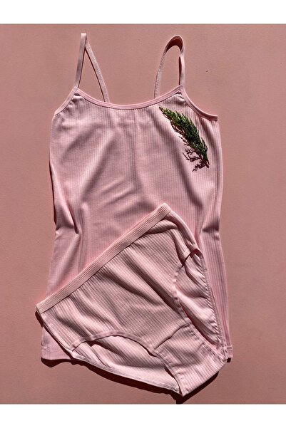 LEYNA BUTİK Green Pink Blue 3 Pieces Oval Collar Ribbed Cotton Lycra Women's Undershirt and Panty Set