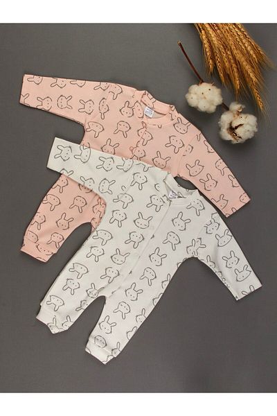Sevilla 100% Cotton 2-Pack White Pink Baby Jumpsuit with Rabbit, Newborn Gift Cotton Pink White Baby Jumpsuit
