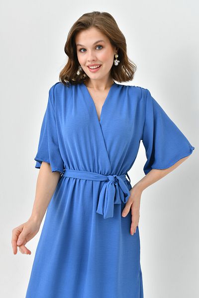 WOMAN VISION Indigo Blue Aerobin Ύφασμα Ελαστική Ζώνη Μέσης Λεπτομερές μανίκι νυχτερίδας 130 cm Midi φόρεμα με διπλό γιακά 097