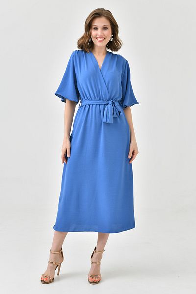 WOMAN VISION Indigo Blue Aerobin Ύφασμα Ελαστική Ζώνη Μέσης Λεπτομερές μανίκι νυχτερίδας 130 cm Midi φόρεμα με διπλό γιακά 097
