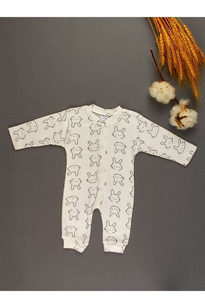 Sevilla Newborn White Baby Jumpsuit - 100% Cotton, Rabbit Pattern and Ribbed