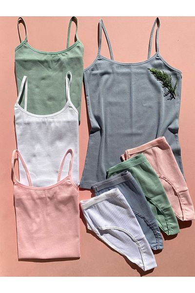 LEYNA BUTİK 4 Pieces White Green Pink Blue - Corded, Cotton and Lycra Women's Rope Strap Undershirt and Panty Set