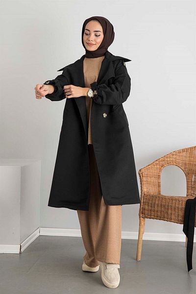 moda ala Sleeve Belted Trench Coat Black