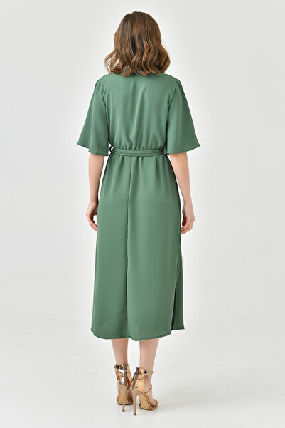 WOMAN VISION Khaki Aerobin Fabric Elastic Waist Belt Detailed Bat Sleeve 130 cm Midi Double Breasted Collar Dress 097