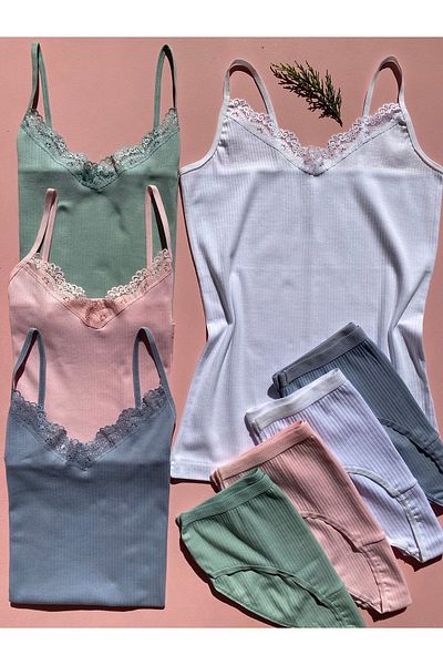 LEYNA BUTİK 4 Pieces Corded Cotton Lycra Women's Undershirt and Panty Set - Green, Blue, Pink, White