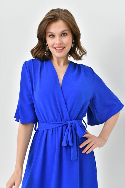 WOMAN VISION Saks Blue Aerobin Ύφασμα Ελαστική Ζώνη Μέσης Λεπτομερές μανίκι νυχτερίδας 130 cm Midi φόρεμα με διπλό γιακά 097