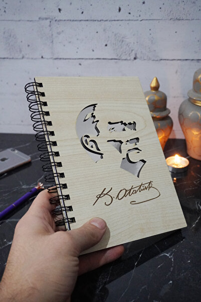 markcat Mustafa Kemal Atatürk Wooden Notebook - A5 Spiral, Unlined Diary School Notebook