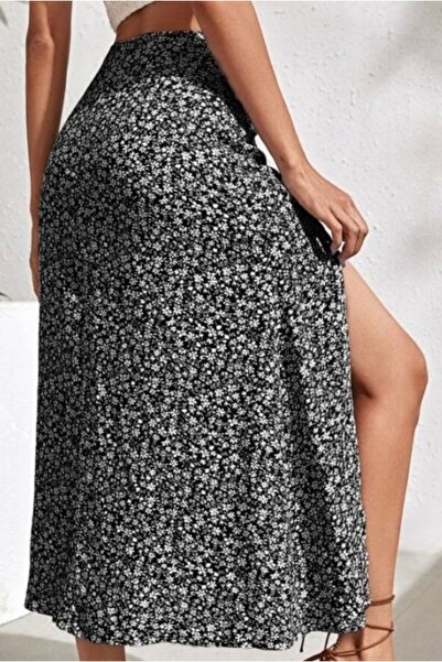 Lerix mod LRX-VİSKO  KUMAŞ çiçekli yırtmaçlı etek