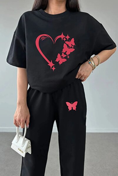 Pink Sky Дамска тениска с щампа на пеперуди и тениска за джогинг - комплект анцуг с кръгло деколте