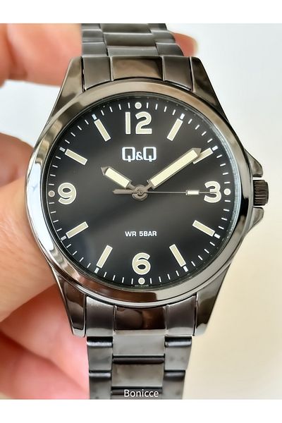 Q&Q Black Steel Cord - Waterproof Men's Wristwatch Rosary Bracelet, Night Vision Numeral Dial