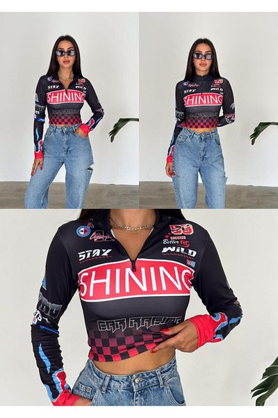 Touz Moda Stay Wild Μαύρη μακρυμάνικη μπλούζα Crop - Racer Neck