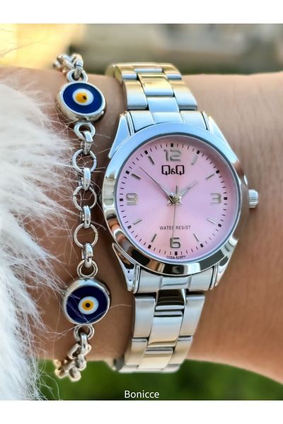 Q&Q Silver Colored Pink Dial Steel Cord Women's Wristwatch Bracelet