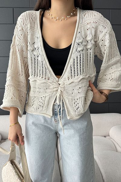 MODAMERSİ Women's Cream Front Tie Knitwear Cardigan