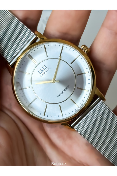 Q&Q Men's Wristwatch and Rosary Bracelet - Silver Color, Yellow Case, Steel Mesh Cord