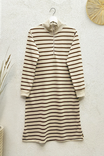 MODAQU Magas gallérú csíkos tunika - barna