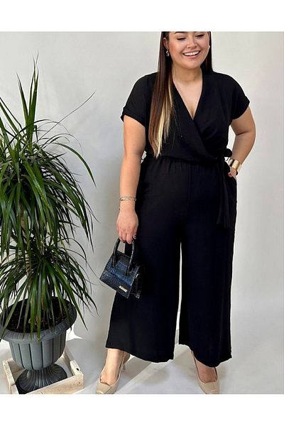 KLEERMAKER Plus Size Black Double-breasted Collar Jumpsuit