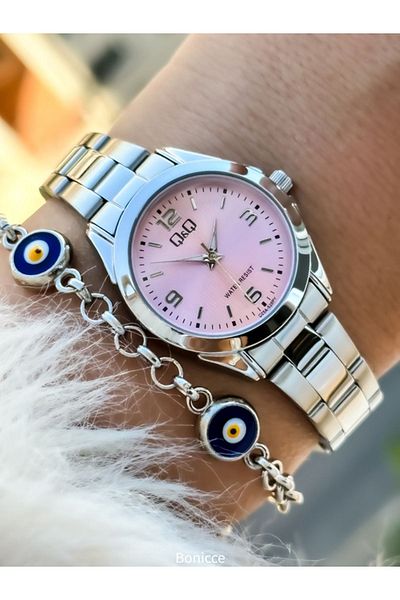 Q&Q Silver Colored Pink Dial Steel Cord Women's Wristwatch Bracelet