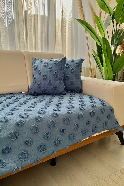 best house decor PÜSKÜLLÜ KOLTUK ÖRTÜSÜ SAKS MAVİSİ