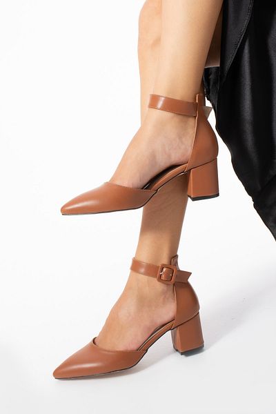 Güllü Shoes Дамски кафяви обувки на ток Вечерна рокля Стилет на масивен ток Обувки за сватбена рокля 5,5 см