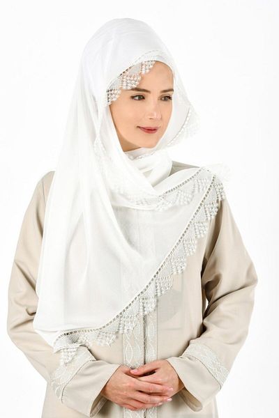 kanaviçe Shawl Prayer Cloth Embroidered White B034