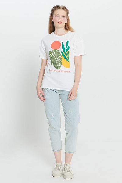 AC&Co / Altınyıldız Classics Μπλουζάκι Ecru Crew Neck Crop - 100% βαμβάκι, Oversize Fit, Printed