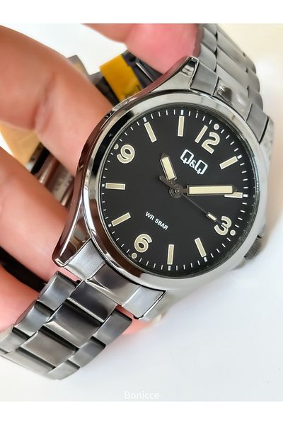Q&Q Black Steel Cord - Waterproof Men's Wristwatch Rosary Bracelet, Night Vision Numeral Dial