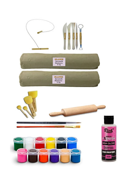 GLANCE Seramik Hamuru 6x2 Kg Kil Kesme Teli Ebeşuarlı 15 ml Akrilik 12li Vern...