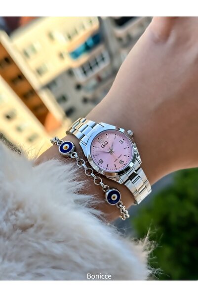Q&Q Silver Colored Pink Dial Steel Cord Women's Wristwatch Bracelet