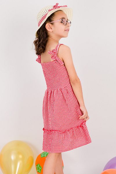 HÇM Girl's Bow Dress with Hat - Checkered Pattern B33