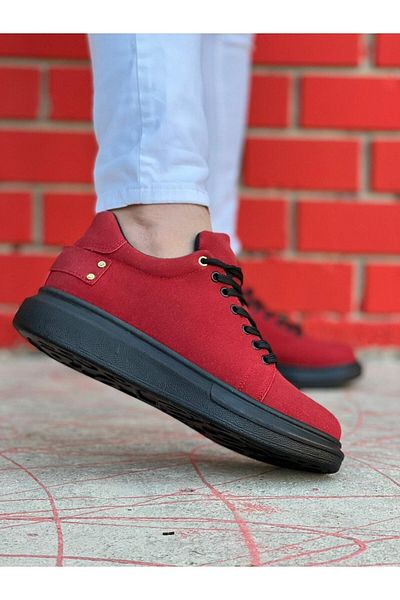 BOUIS Men's Suede Red Sports Casual Shoes High Thick Black Sole Lace-up Sneaker