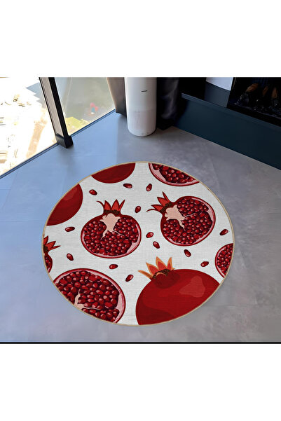 Rugs Modern Halı Red Themed Pomegranate Patterned Round Woven Base Modern Dec...