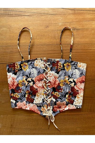 Launes French Vintage Floral Print Lace-Up Navy Blue Corset