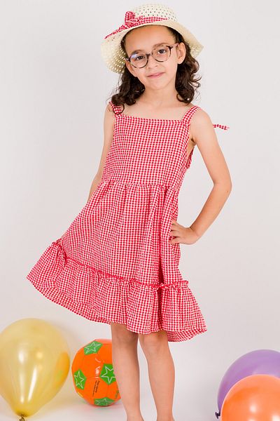 HÇM Girl's Bow Dress with Hat - Checkered Pattern B33