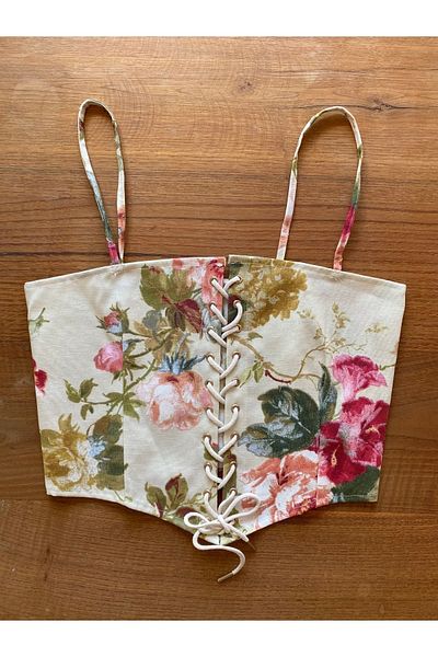 Launes French Vintage Floral Patterned Lace Up Beige Corset