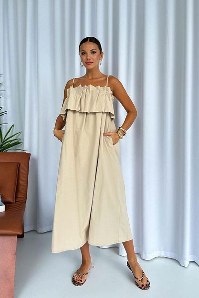 Mine Tan Butik Μπεζ Γυναικείο Φόρεμα - Μπροστινό Πλισέ Σχέδιο