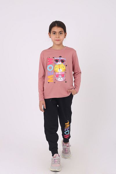 COSBA kids wear Girl's Cotton Under-top Set - Meow Cat Print, Crew Neck, Long Sleeve
