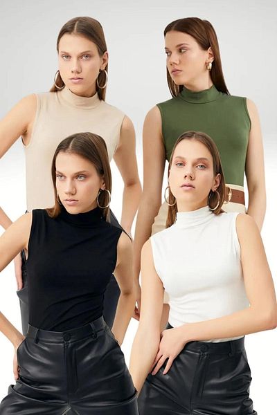 Ladima Khaki Cream Black and White - 4-piece Sleeveless Women's Blouse