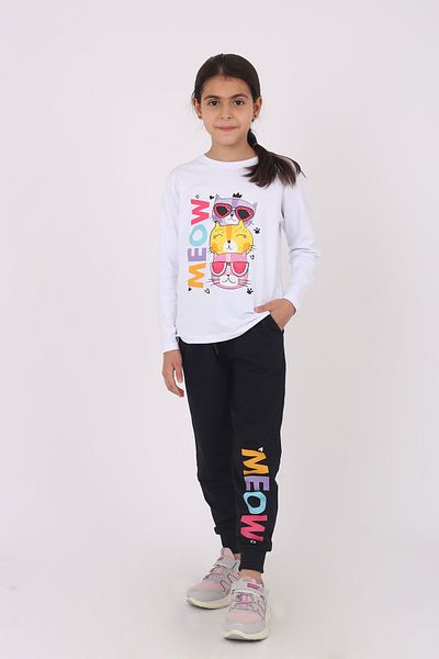 çiko kids Girl's Cotton Under-top Set - Meow Cat Print, Crew Neck, Long Sleeve
