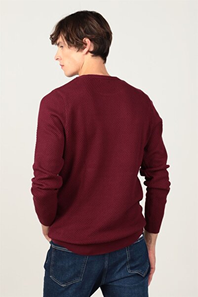 Tudors Erkek Slim Fit Dar Kesim Bisiklet Yaka Petek Desenli Bordo Triko Kazak