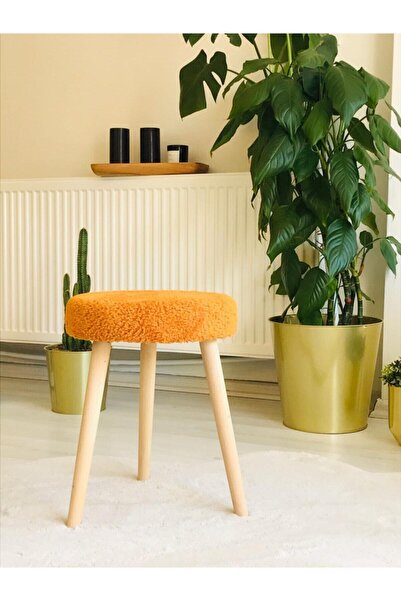 WEBPANYA Gürgen Ahşap Retro Ayak Dekoratif Handmade Turuncu Peluş Puf Tabure ...