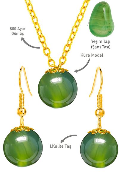 Tesbih Atölyesi Jade Stone Gold Necklace and Earring Set - Silver Apparatus