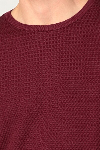 Tudors Erkek Slim Fit Dar Kesim Bisiklet Yaka Petek Desenli Bordo Triko Kazak