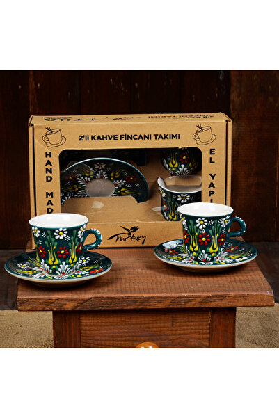Kütahya El Yapımı Çini Kabartmalı 2 Adet Kahve Fİncanı