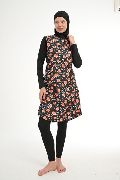 Swana Оранжево-черен скромен бански костюм - с мотиви, напълно покриващ 3-час...