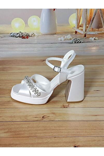 Modavien Kadın 10 Cm Taşlı Saten Platform Gelin Ayakkabısı